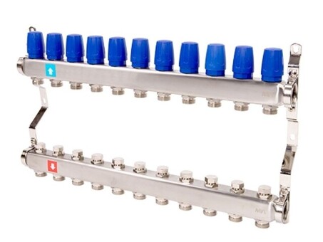 Блок коллекторный MVI из нержавеющей стали DN 25-11 выходов G 3/4, без расходомеров, без дренажного крана и воздухоотводчика, евроконус, MS.411.06