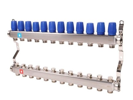 Блок коллекторный MVI из нержавеющей стали DN 25-12 выходов G 3/4, без расходомеров, без дренажного крана и воздухоотводчика, евроконус, MS.412.06