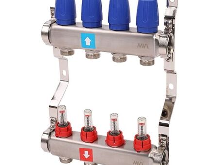 Блок коллекторный MVI из нержавеющей стали DN 25-4 выхода G 3/4, с расходомерами, без дренажного крана и воздухоотводчика, евроконус, MS.504.06