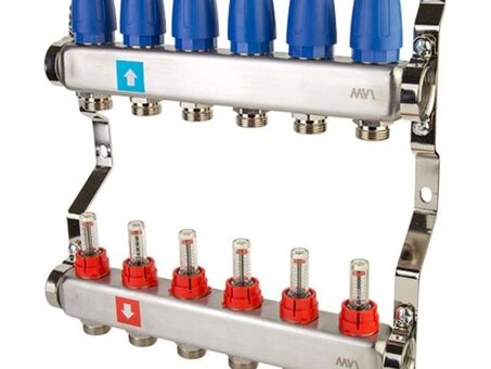 Блок коллекторный MVI из нержавеющей стали DN 25-6 выходов G 3/4, с расходомерами, без дренажного крана и воздухоотводчика, евроконус, MS.506.06