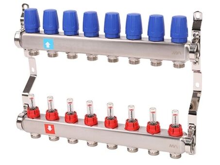 Блок коллекторный MVI из нержавеющей стали DN 25-8 выходов G 3/4, с расходомерами, без дренажного крана и воздухоотводчика, евроконус, MS.508.06