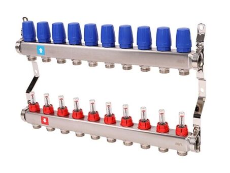 Блок коллекторный MVI из нержавеющей стали DN 25-10 выходов G 3/4, с расходомерами, без дренажного крана и воздухоотводчика, евроконус, MS.510.06