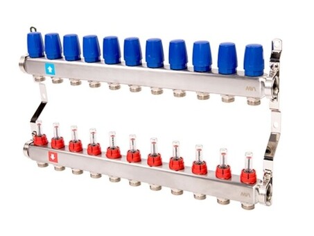 Блок коллекторный MVI из нержавеющей стали DN 25-11 выходов G 3/4, с расходомерами, без дренажного крана и воздухоотводчика, евроконус, MS.511.06