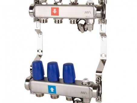 Блок коллекторный MVI из нержавеющей стали DN 25-3 выхода G 3/4, без расходомеров, с дренажным краном и воздухоотводчиком, евроконус, MS.603.06