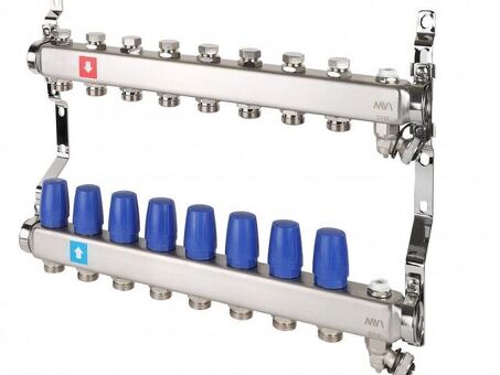 Блок коллекторный MVI из нержавеющей стали DN 25-8 выходов G 3/4, без расходомеров, с дренажным краном и воздухоотводчиком, евроконус, MS.608.06