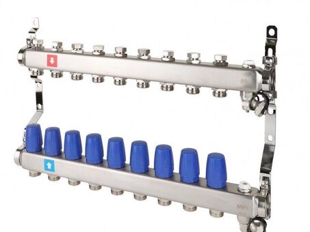 Блок коллекторный MVI из нержавеющей стали DN 25-9 выходов G 3/4, без расходомеров, с дренажным краном и воздухоотводчиком, евроконус, MS.609.06
