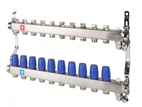 Блок коллекторный MVI из нержавеющей стали DN 25-10 выходов G 3/4, без расходомеров, с дренажным краном и воздухоотводчиком, евроконус, MS.610.06