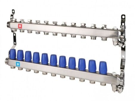 Блок коллекторный MVI из нержавеющей стали DN 25-11 выходов G 3/4, без расходомеров, с дренажным краном и воздухоотводчиком, евроконус, MS.611.06