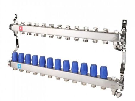 Блок коллекторный MVI из нержавеющей стали DN 25-12 выходов G 3/4, без расходомеров, с дренажным краном и воздухоотводчиком, евроконус, MS.612.06