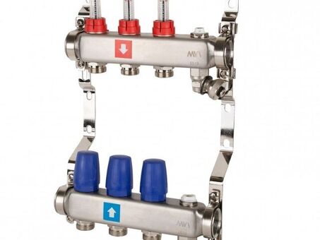 Блок коллекторный MVI из нержавеющей стали DN 25-3 выхода G 3/4, с расходомерами, с дренажным краном и воздухоотводчиком, евроконус, MS.703.06
