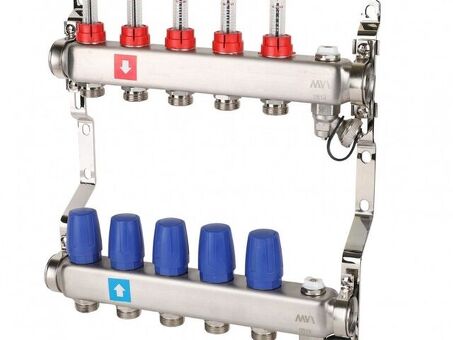 Блок коллекторный MVI из нержавеющей стали DN 25-5 выходов G 3/4, с расходомерами, с дренажным краном и воздухоотводчиком, евроконус, MS.705.06