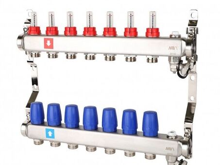 Блок коллекторный MVI из нержавеющей стали DN 25-7 выходов G 3/4, с расходомерами, с дренажным краном и воздухоотводчиком, евроконус, MS.707.06