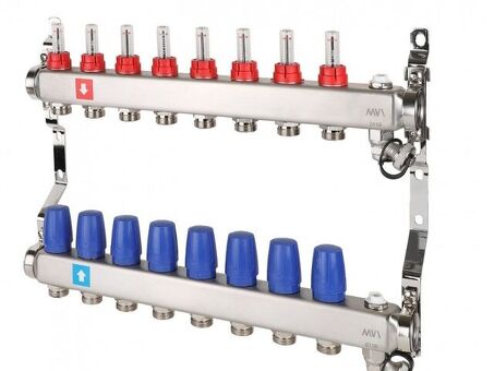 Блок коллекторный MVI из нержавеющей стали DN 25-8 выходов G 3/4, с расходомерами, с дренажным краном и воздухоотводчиком, евроконус, MS.708.06