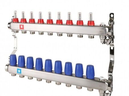 Блок коллекторный MVI из нержавеющей стали DN 25-9 выходов G 3/4, с расходомерами, с дренажным краном и воздухоотводчиком, евроконус, MS.709.06