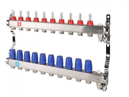 Блок коллекторный MVI из нержавеющей стали DN 25-10 выходов G 3/4, с расходомерами, с дренажным краном и воздухоотводчиком, евроконус, MS.710.06