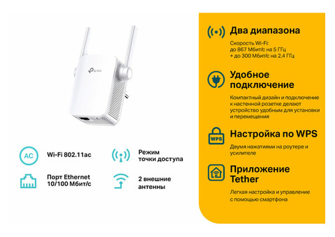 Характеристики повторитель беспроводного сигнала TP-LINK RE305, белый